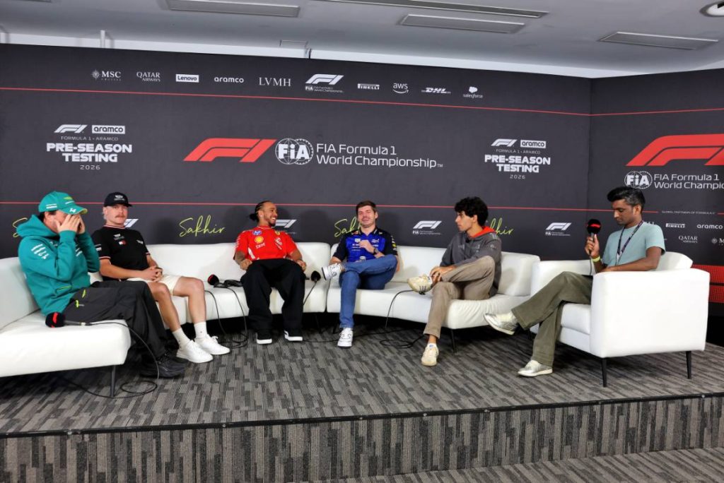 Fernando Alonso (ESP) Aston Martin F1 Team; Valtteri Bottas (FIN) Cadillac Formula 1 Team; Lewis Hamilton (GBR) Scuderia Ferrari; Max Verstappen (NLD) Red Bull Racing; Gabriel Bortoleto (BRA) Audi F1 Team; and Lawrence Barretto (GBR) F1 Presenter, in - InsideRacing.com